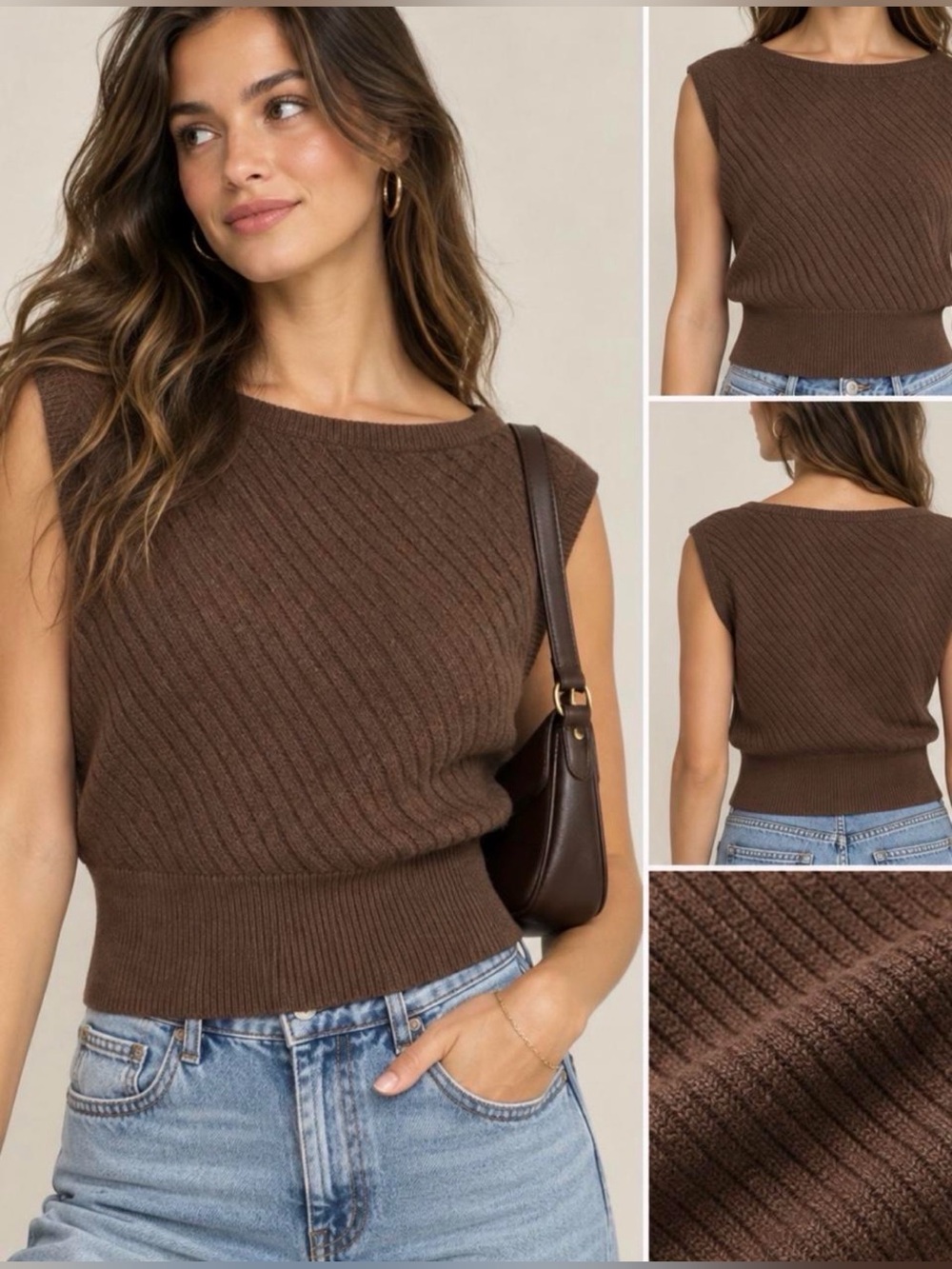 Cider Chestnut Brown Ribbed Knit Sleeveless Sweater Top XL